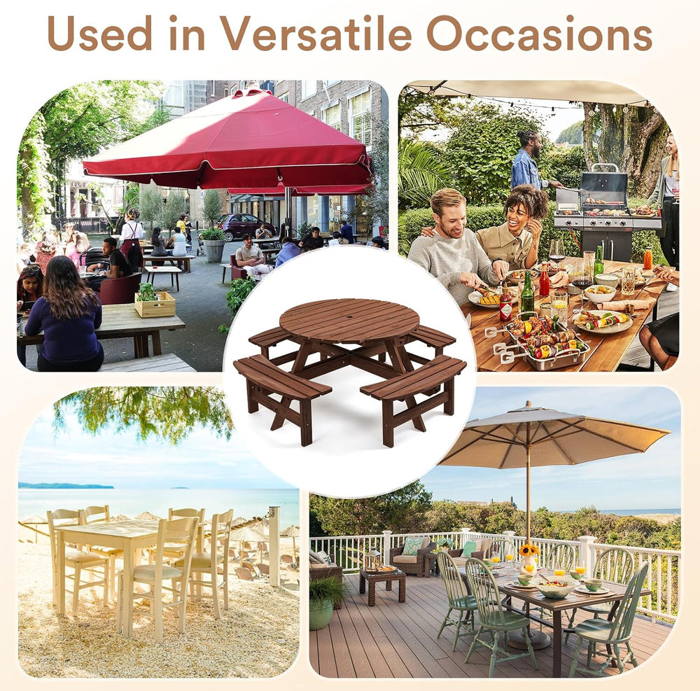 Zevemomo Round Picnic Table Wood for 8 People, Brown