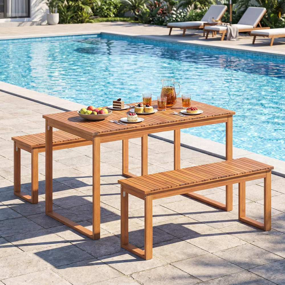HAPPYGRILL Acacia Wood Patio Dining Bench, 2-Person Outdoor Bench with Slatte...