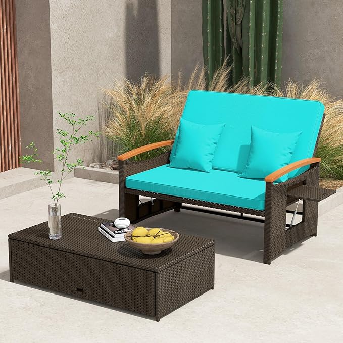 Tangkula Patio Rattan Daybed with 4-Level Adjustable Backrest, Outdoor Wicker...