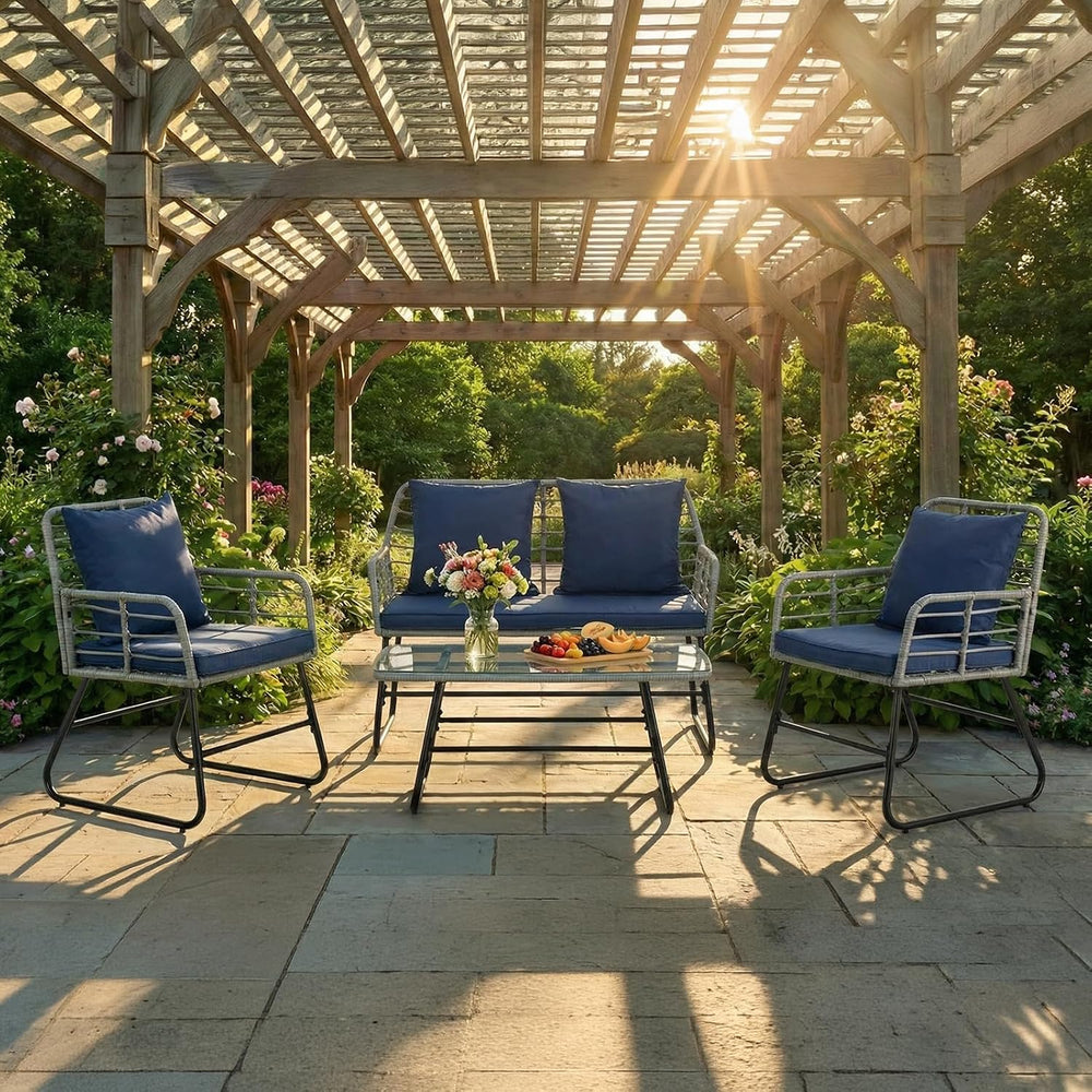 DUMOS Outdoor 4 Piece Outdoor Patio Furniture Set, Wicker Patio Set
