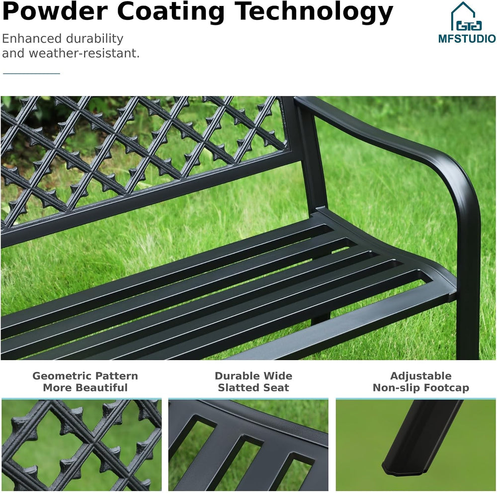 MFSTUDIO Outdoor Metal Bench Set of 2, 50" Black Outdoor Metal Garden Be...