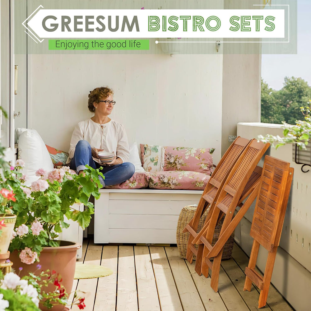 Greesum 3 Piece Patio Folding Furniture Bistro Set with 2 Cushions for Pool B...