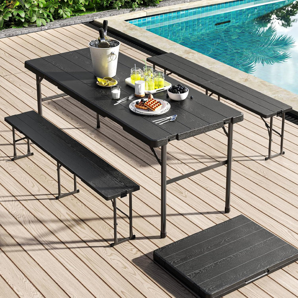 6FT Folding Table with 2 Benches for Picnic, Party, Camping, School, Black
