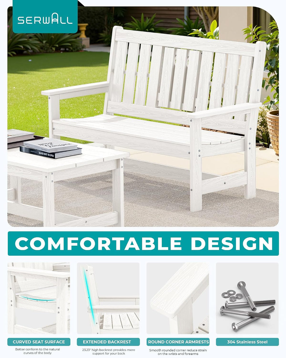 SERWALL HDPE Outdoor Bench with Cup Holder Oversized 58" Porch Bench, White