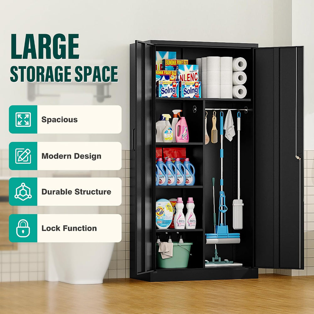 Wide & Deep Metal Storage Cabinet with Hanging Rod,Black Broom Closet Sto...