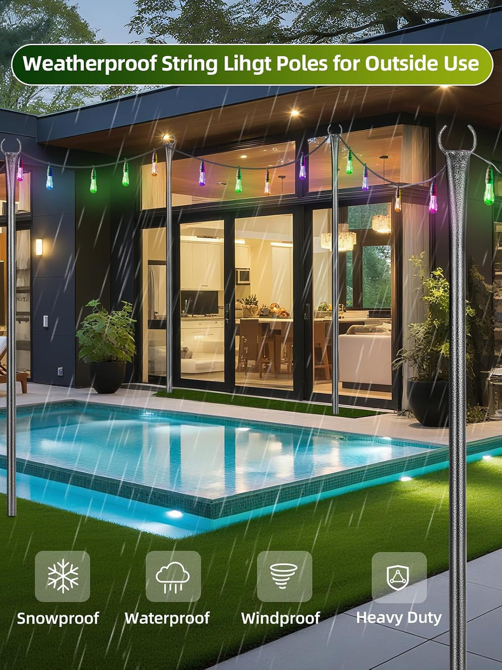 String Light Poles for Outside, 4 Pack 10 ft Frosted Silver Poles