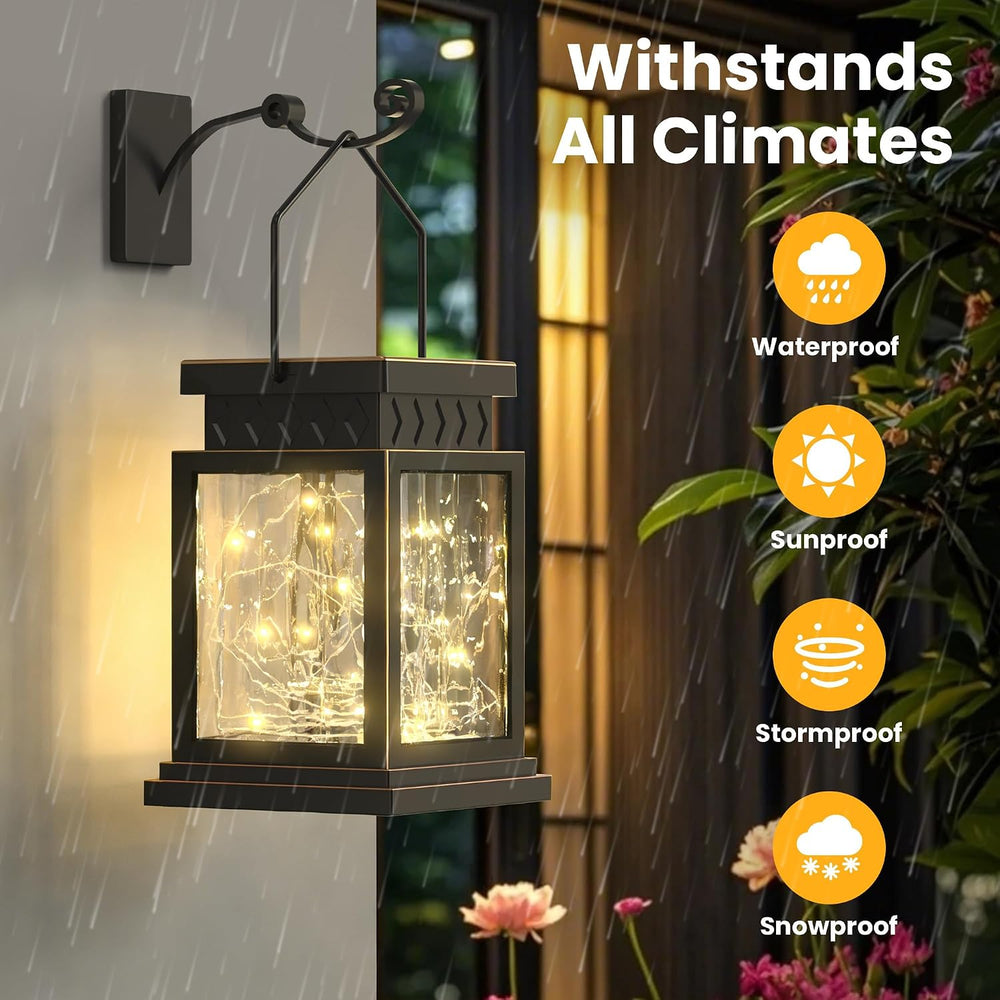 2 Pack Farmhouse Solar Lanterns , Water Ripple Glass & Copper Wire Flicke...