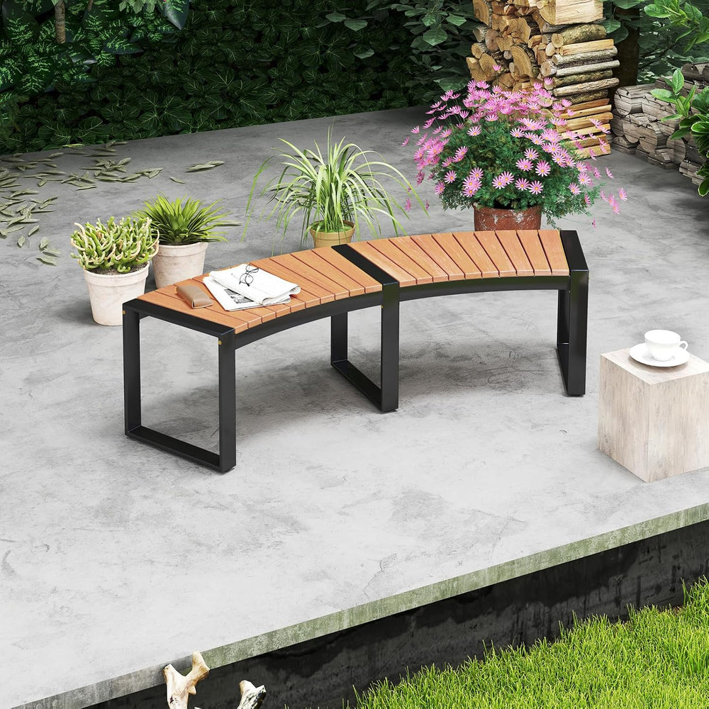Tangkula Acacia Wood Metal Curved Bench, Fire Pit Patio Bench for 2, 1 Pack