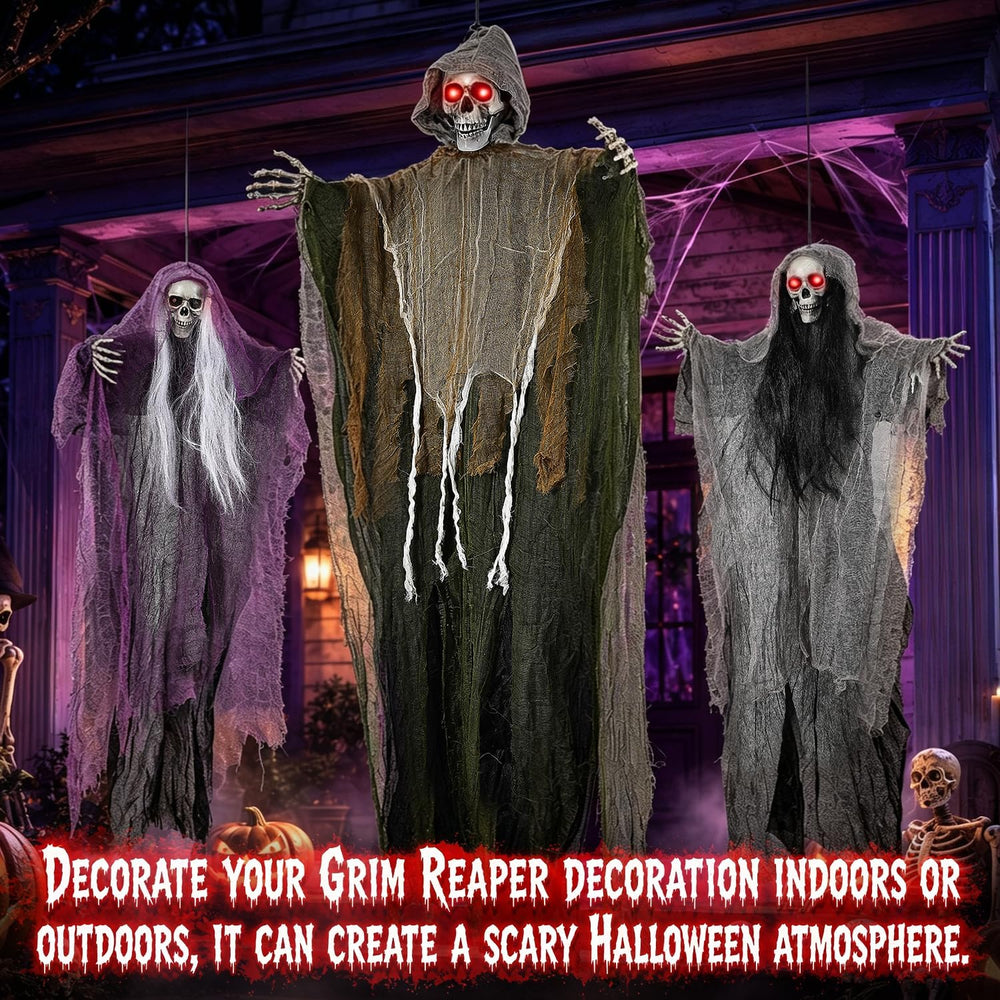 3PCS Scary Hanging Ghosts with Glowing Eyes, Light-Up Halloween Ghost Decorat...