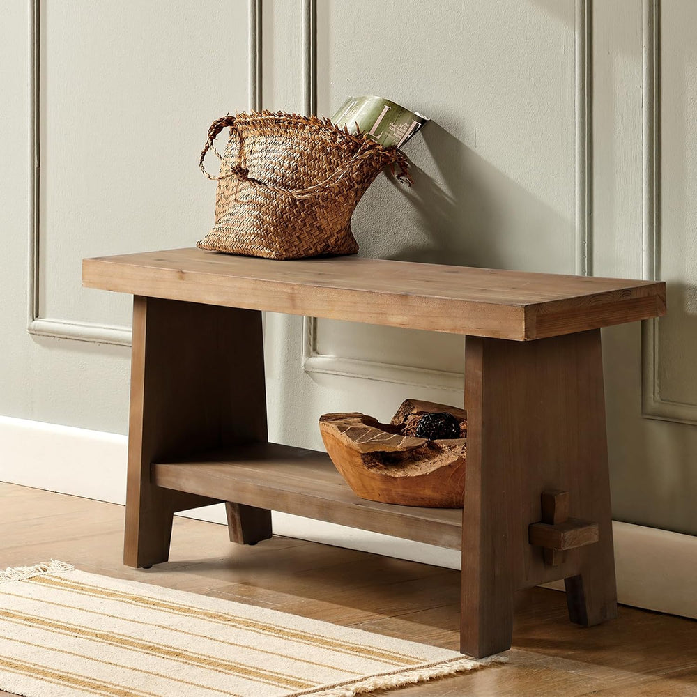 HOKYHOKY Wood Entryway Bench - 31.5" Farmhouse Small Storage Bench, Indoor