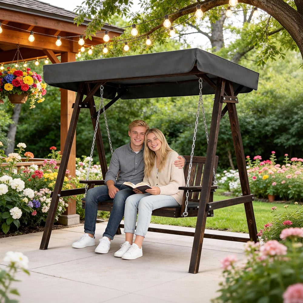 VINGLI 4FT Heavy Duty Wooden Porch Swing with Stand and Canopy, Rustic