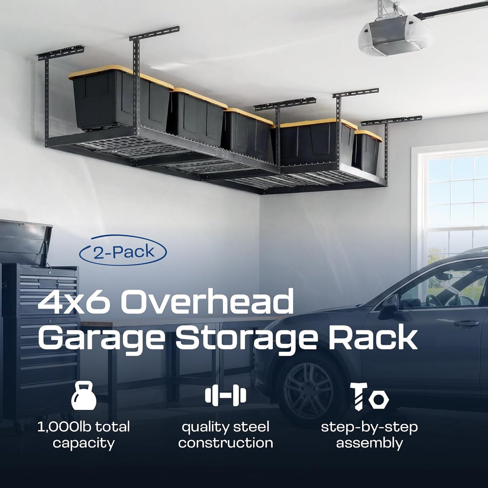 MonsterRax 2-Pack 4x6 Overhead Garage Storage Rack, Gray, 12"-21" H...