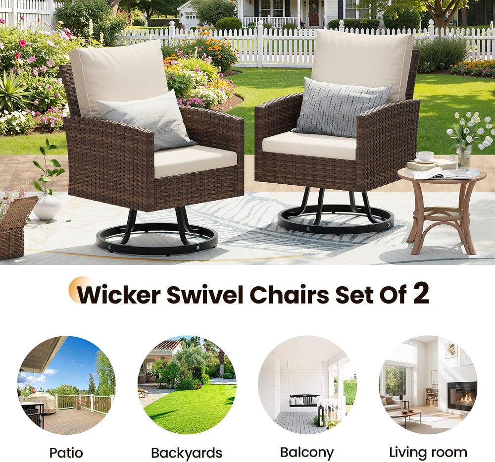 Wicker Patio Chairs Set of 4,Khaki Outdoor Swivel Chairs with Cushions
