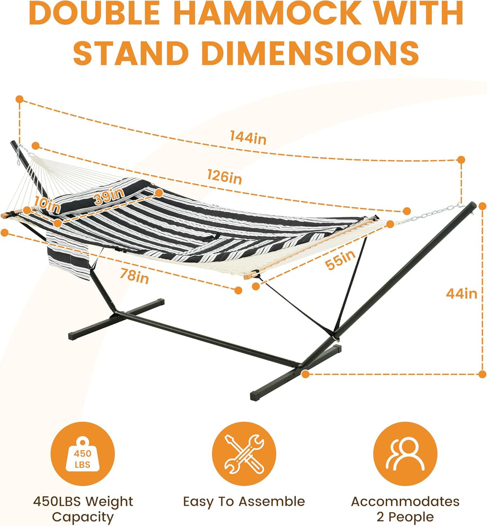 Lazy Daze Rope Hammock with Stand and Pad for Outside, Black White