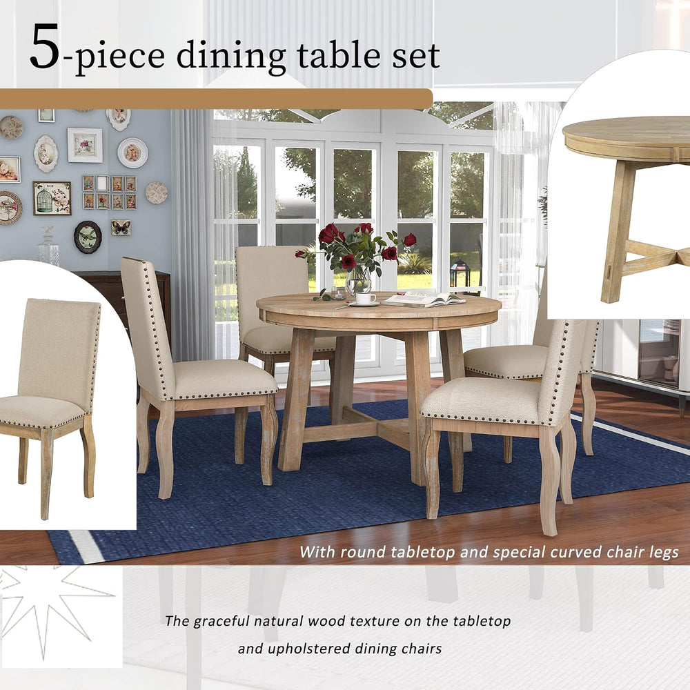 P PURLOVE 5-Piece Round Dining Table Set, Wood Farmhouse Round Extendable Din...