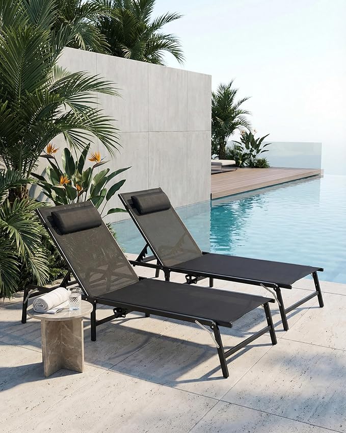 2 Pack Foldable Chaise Lounge Chair with Cup Holder, Assemble-Free Outdoor Lo...