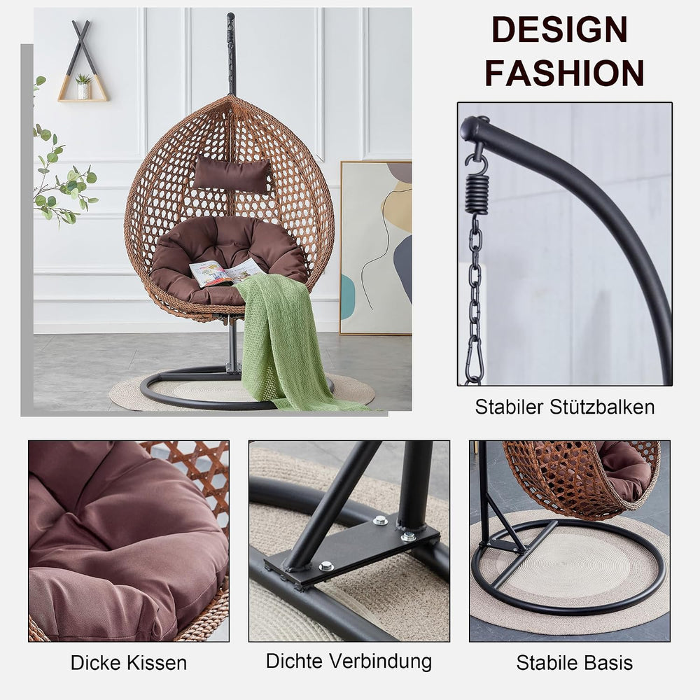 Brown Egg Swing Chair with Stand,Hanging Egg Chair Indoor Outdoor with Cushio...