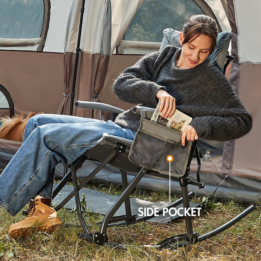 Portal Oversized Padded Folding Rocking Camping Chair Outdoor 400 LBS Gray
