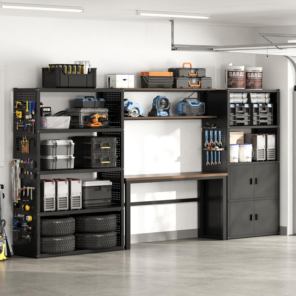FLEXIMOUNTS 129"L Modular Garage Storage Cabinet with Workbench, Black