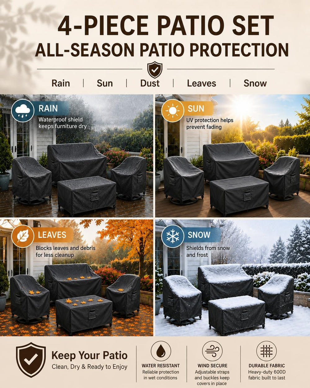 Patio Furniture Set Covers Waterproof Outdoor, 4-Piece Set, 600D Heavy Duty