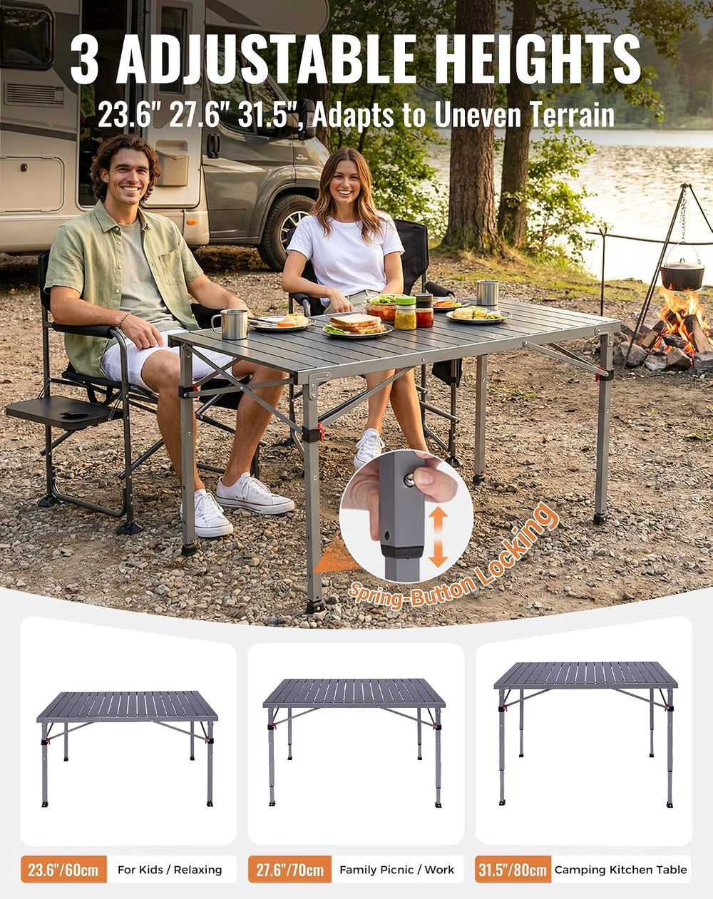 KingCamp 265lbs Adjustable Camping Table Foldable, Aluminum Camp Table