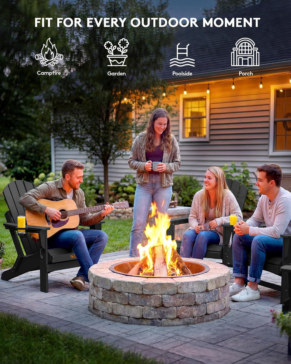SERWALL Folding Adirondack Chairs with Cup Holder, Outdoor Fire Pit - Black