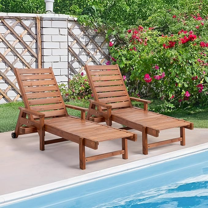 VINGLI Outdoor Chaise Lounge Chair, Wooden Patio Lounger Chair with Adjustabl...