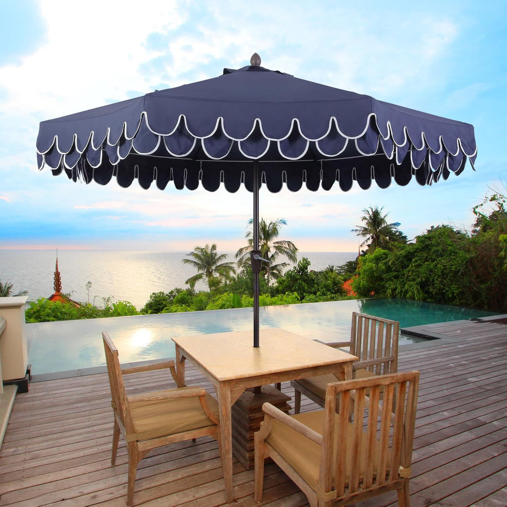 JONATHAN Y Tracy 9' Scalloped Market Patio Umbrella, Navy/Dark Brown