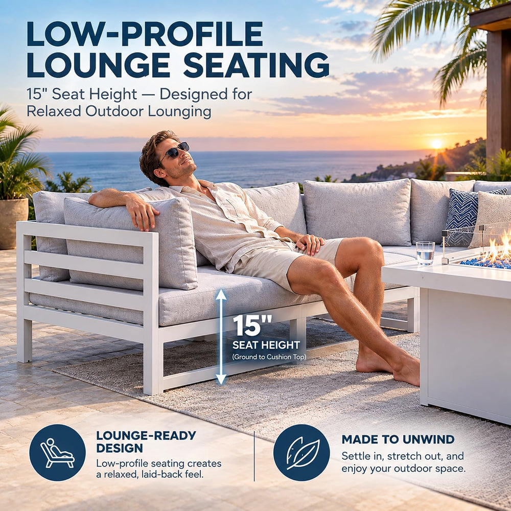 NICESOUL 7 Piece White Powder-Coated Aluminum Patio Furniture with Fire Pit T...
