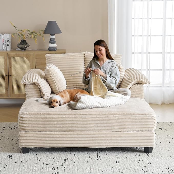 VINGLI 56" Oversized Chaise Lounge Chair, Beige Comfy Corduroy Chaise So...