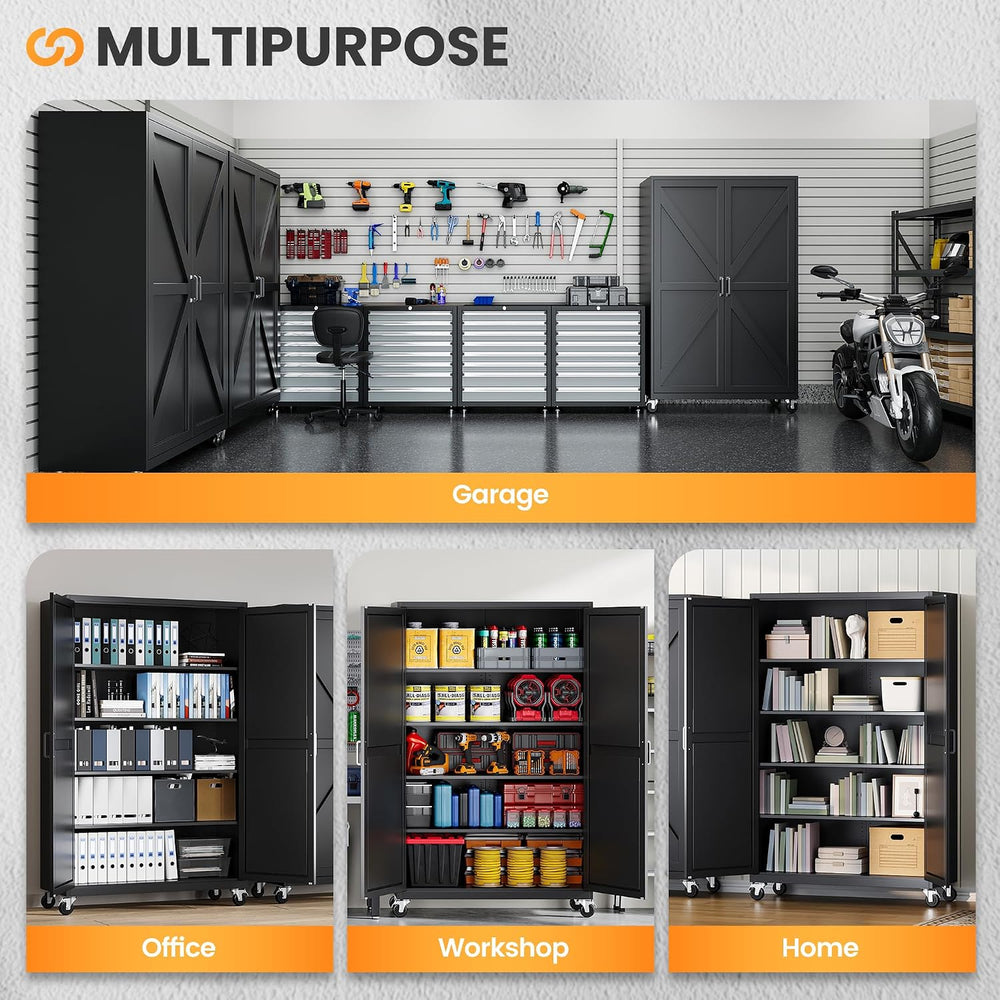 Deep & Wide Rolling Garage Storage Cabinets with Wheels & 2 Barn Door