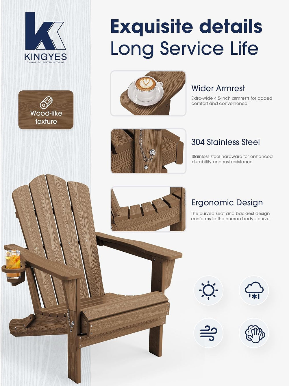 KINGYES Folding Adirondack Chair Set of 2 with Cup Holder, Brown