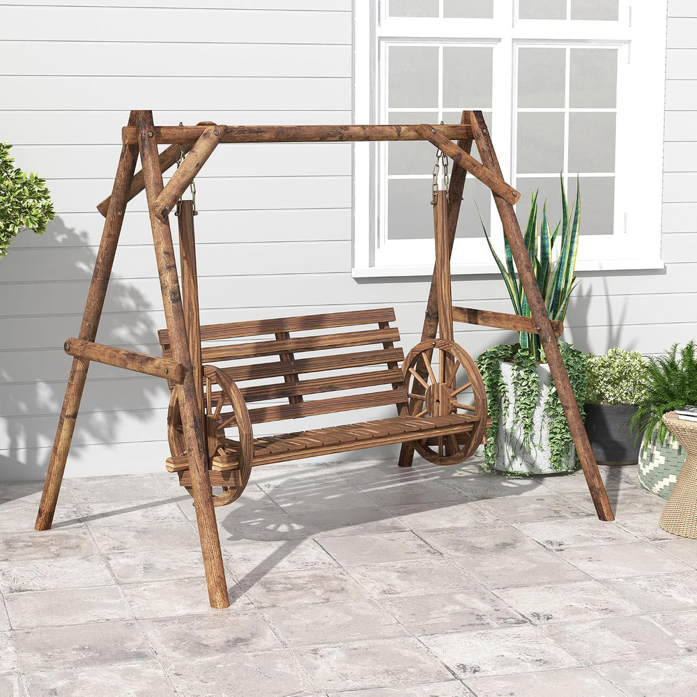 Outsunny 2-Seat Porch Swing A-Frame Stand Wooden Log Patio Carbonized Brown