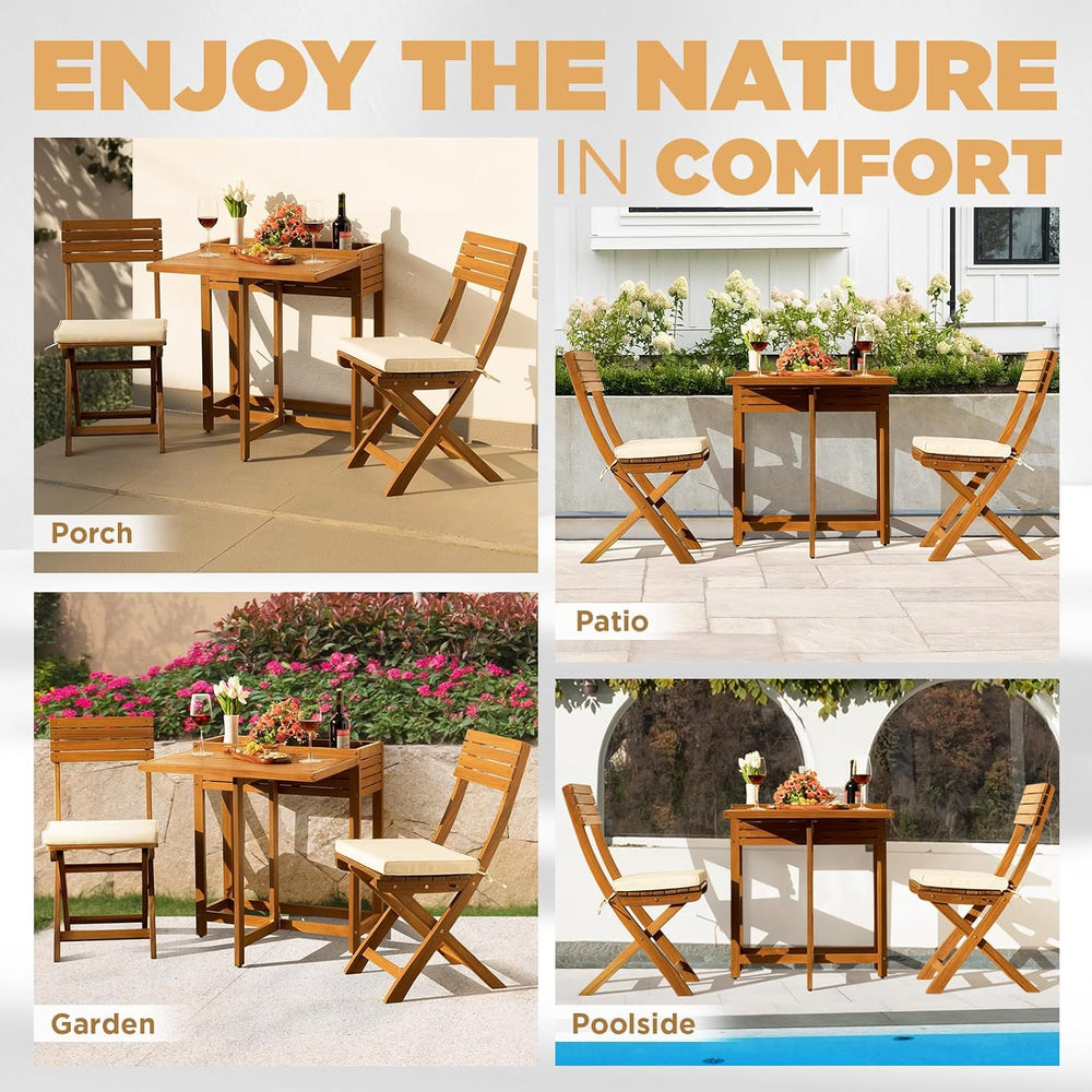 IDZO 3-Piece Bistro Set, FSC Acacia, Foldable Chairs w/Washable Cushion