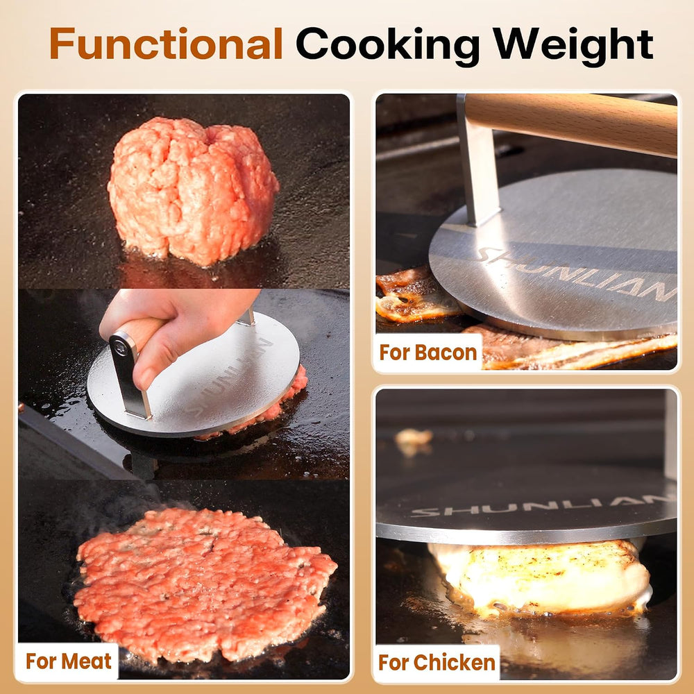 Stainless Steel Burger Smasher, 6 Inch Heavy Duty Grill Press with Wood Handl...