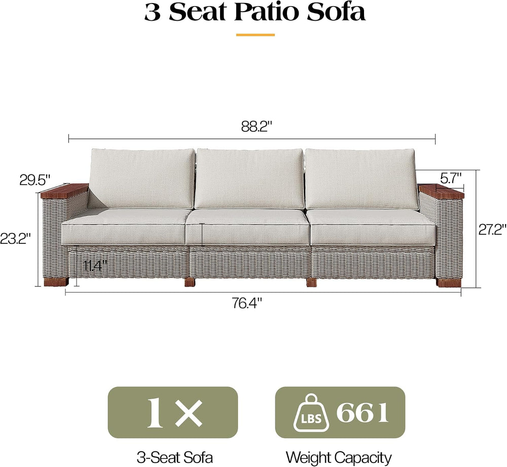 PaPaJet Outdoor Patio Sofa, 3 Seat Wicker Couch with Solid Armrests & Leg...