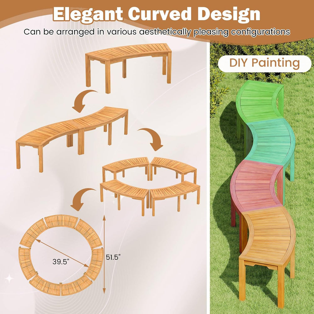 HAPPYGRILL Outdoor Curved Bench, Acacia Wood Backless Fire Pit Bench with Sla...