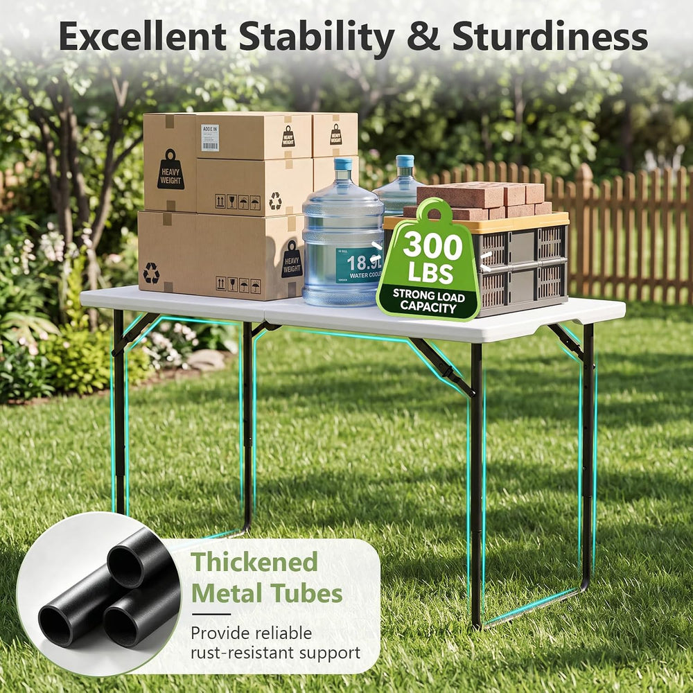 Folding Table, 4FT Foldable Picnic Table with Adjustable Height, Heavy Duty F...