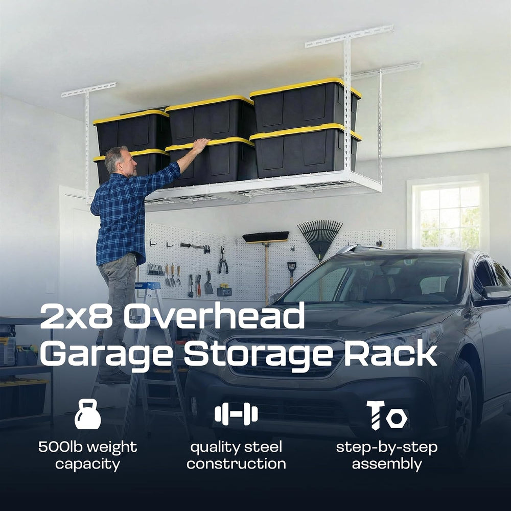 MonsterRax 2x8 Overhead Garage Storage Rack, White, 12"-21" Height