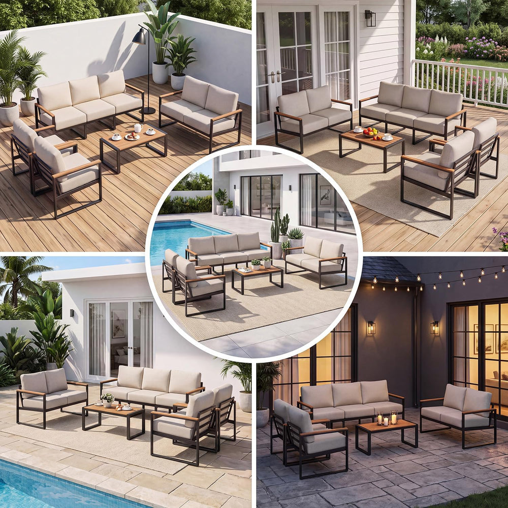 Aoxun 7 Seats Metal Patio Furniture Set with Coffee Table Cream