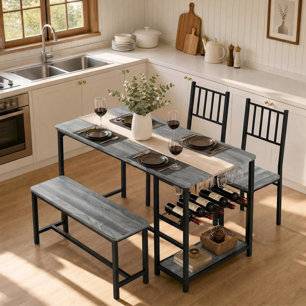 4 EVER WINNER 55-Inch Dining Table Set for 4 with Bench, Wine Rack, Grey