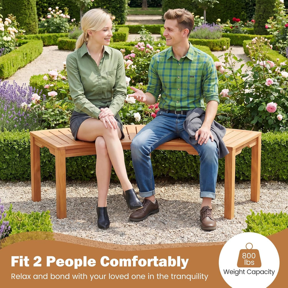 HAPPYGRILL Outdoor Curved Bench, Acacia Wood Backless Fire Pit Bench with Sla...