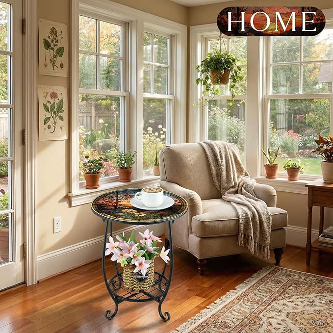Outdoor Side Table Round Small Mosaic Patio Accent Indoor End Plant Coffee Te...