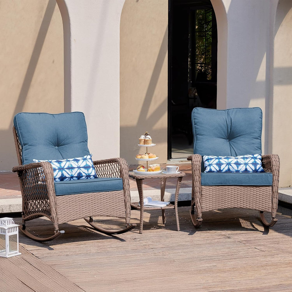 UDPATIO Rocking Chair Outdoor Set 2 w/Coffee Table, 3 Pc Wicker Bistro Set