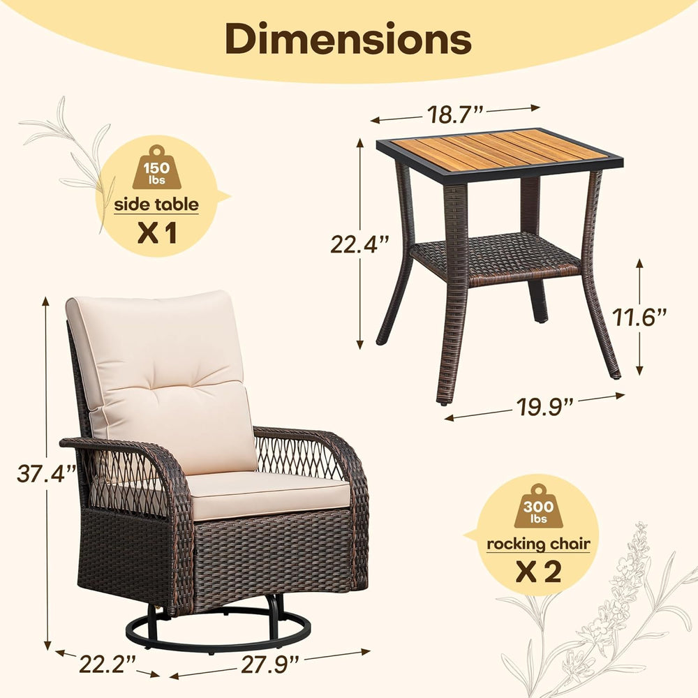 Devoko Patio Furniture Set Outdoor 3 Pieces Wicker Swivel Rocking Chairs
