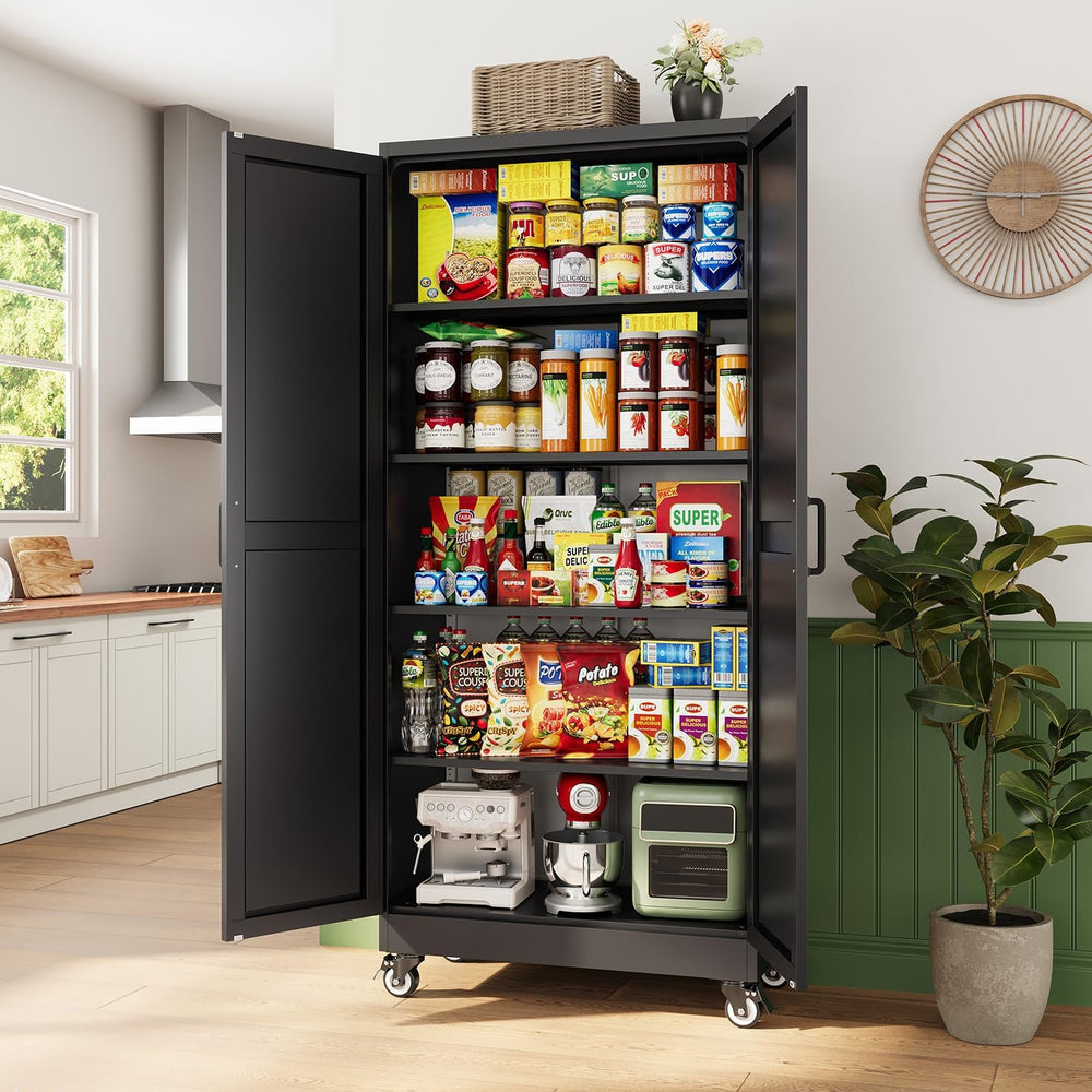 Letaya Metal Garage Storage Cabinets with Wheels,71”H Black Kitchen Pantry