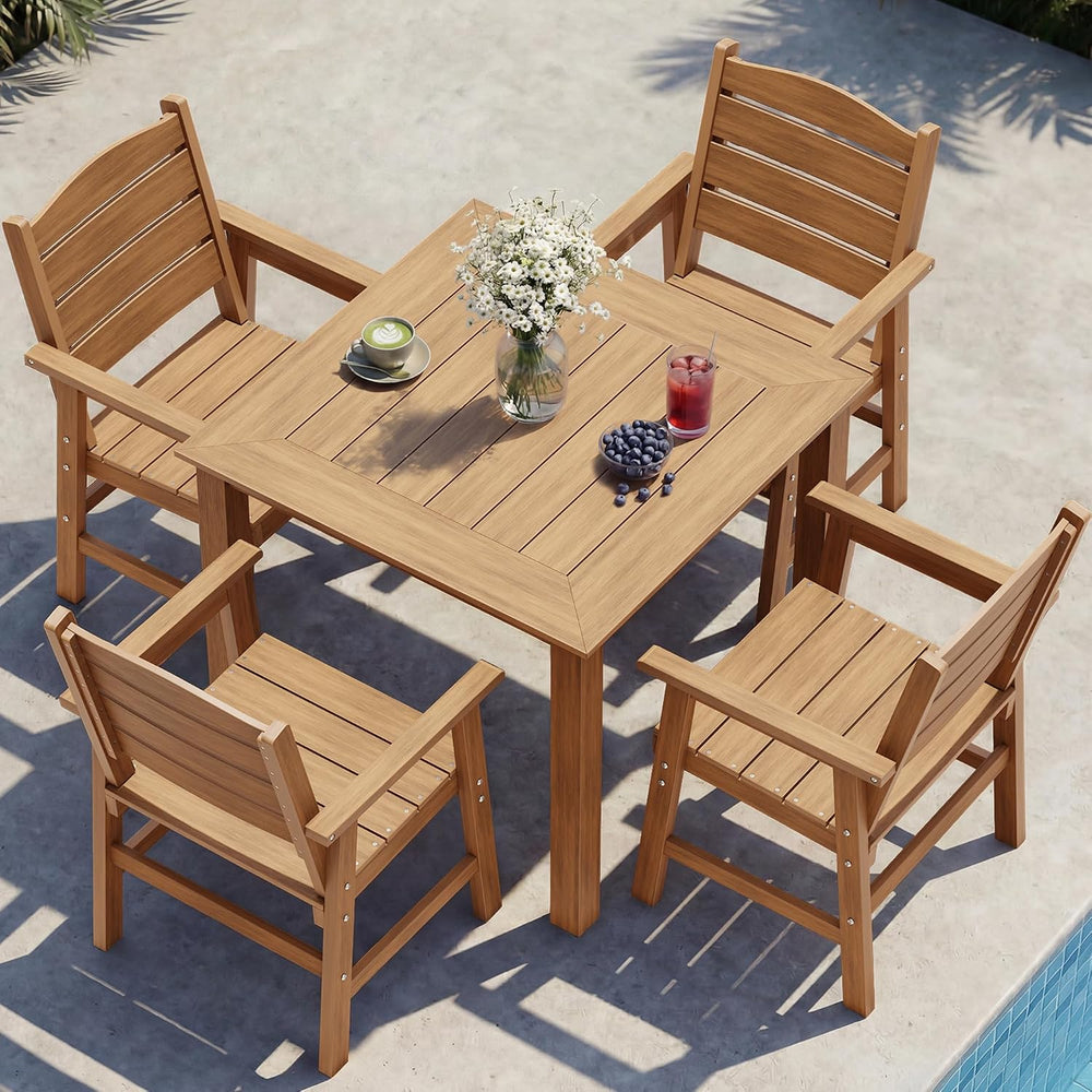 YEFU 5 Piece Square Patio Dining Set, Sturdy Aluminum Frame, HIPS, Teak