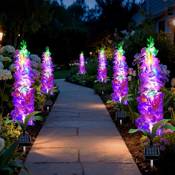 Solar Garden Lights, Solar Purple Delphinium Flowers Lights 4 Pack 80 LEDs, W...