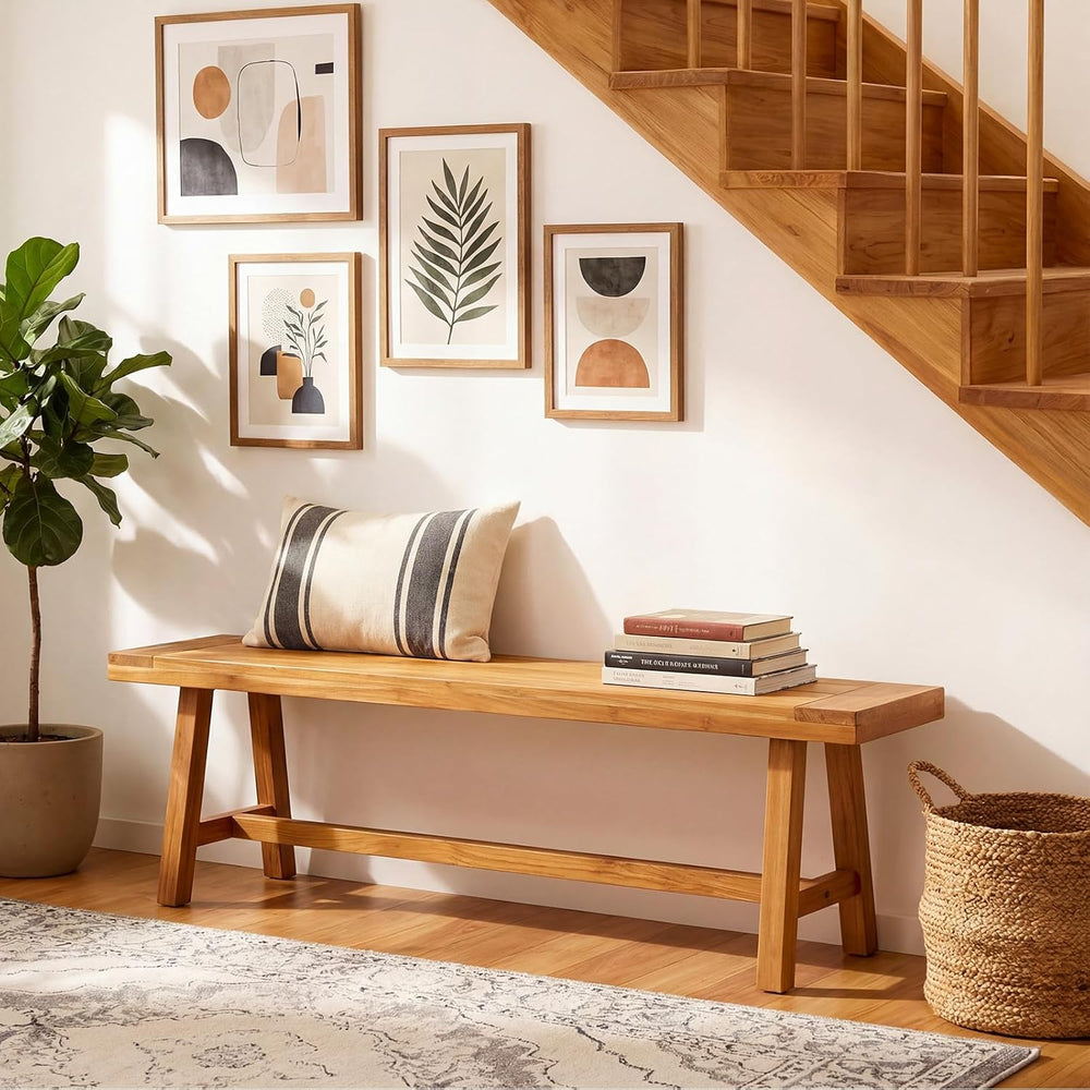 GIANTEX 63" Dining Bench for 3-Person, Farmhouse Teak Wood Entryway Benc...