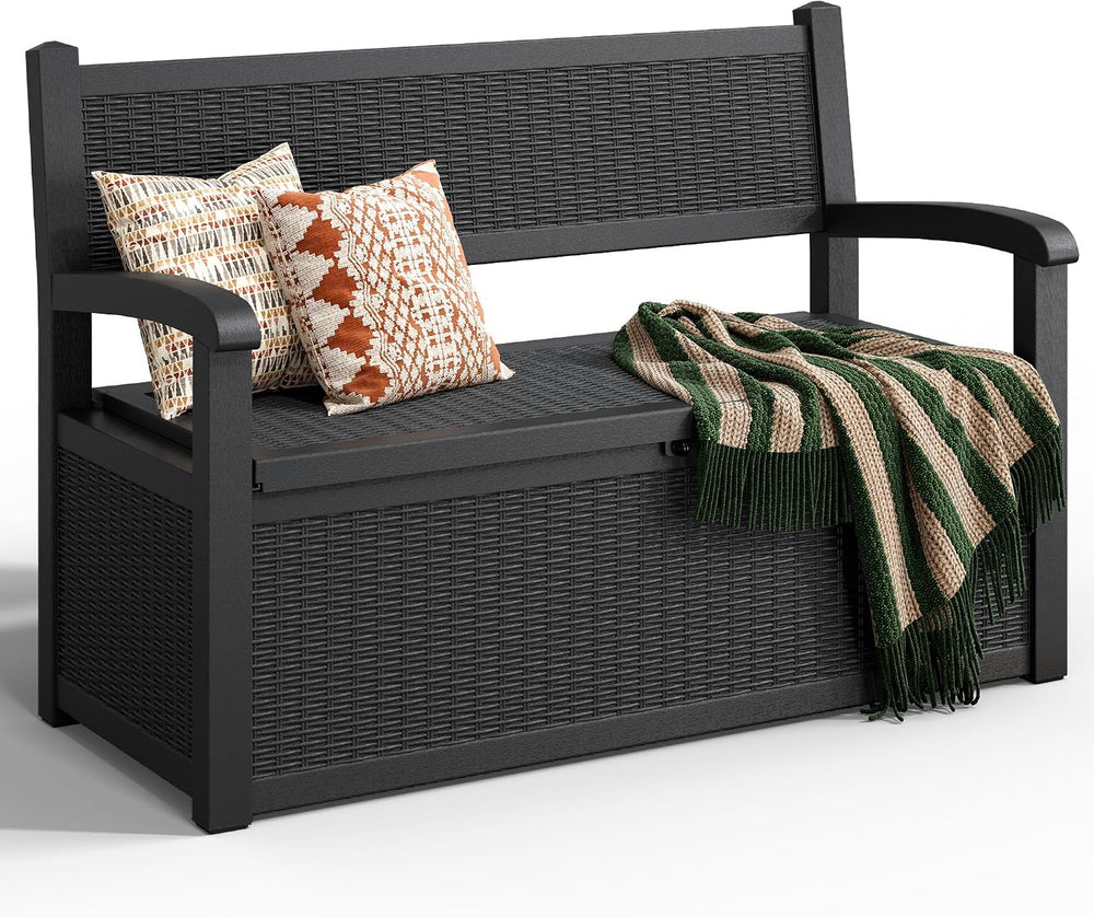 80 Gallon Outdoor Storage Bench, Resin Outdoor Storage Box with Armrest, Lock...